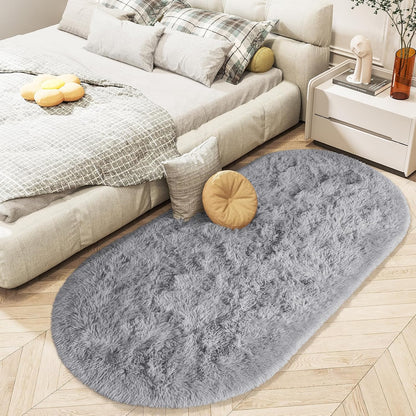 Fluffy Bedroom Rug 2.6' X 5.3', Shaggy Area Rug for Bedroom Bedside, Soft Oval Throw Rugs Carpet for Living Room Kids Girls Home Decor